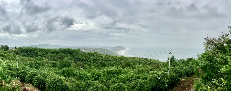 Green hills running down to the Bay of Bengal coast, seen from Kailasagiri in Visakhapatnam